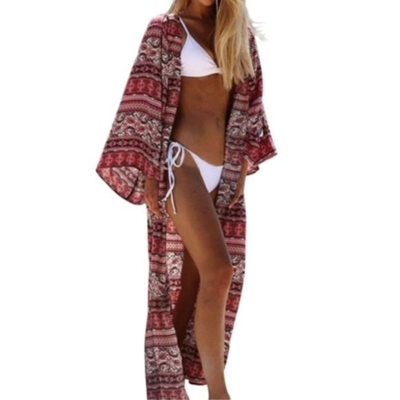 On My Rack Other - 5⭐️ Red Boho Print Swim Coverup Open Front OS